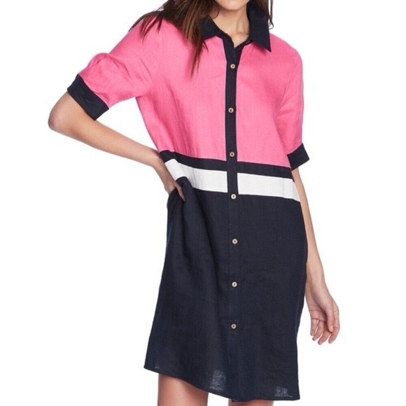 Arthur Court Dresses & Skirts - Court & Rowe 100% Linen Colorblock Short Sleeve Shirt Dress- pink/Navy Size S